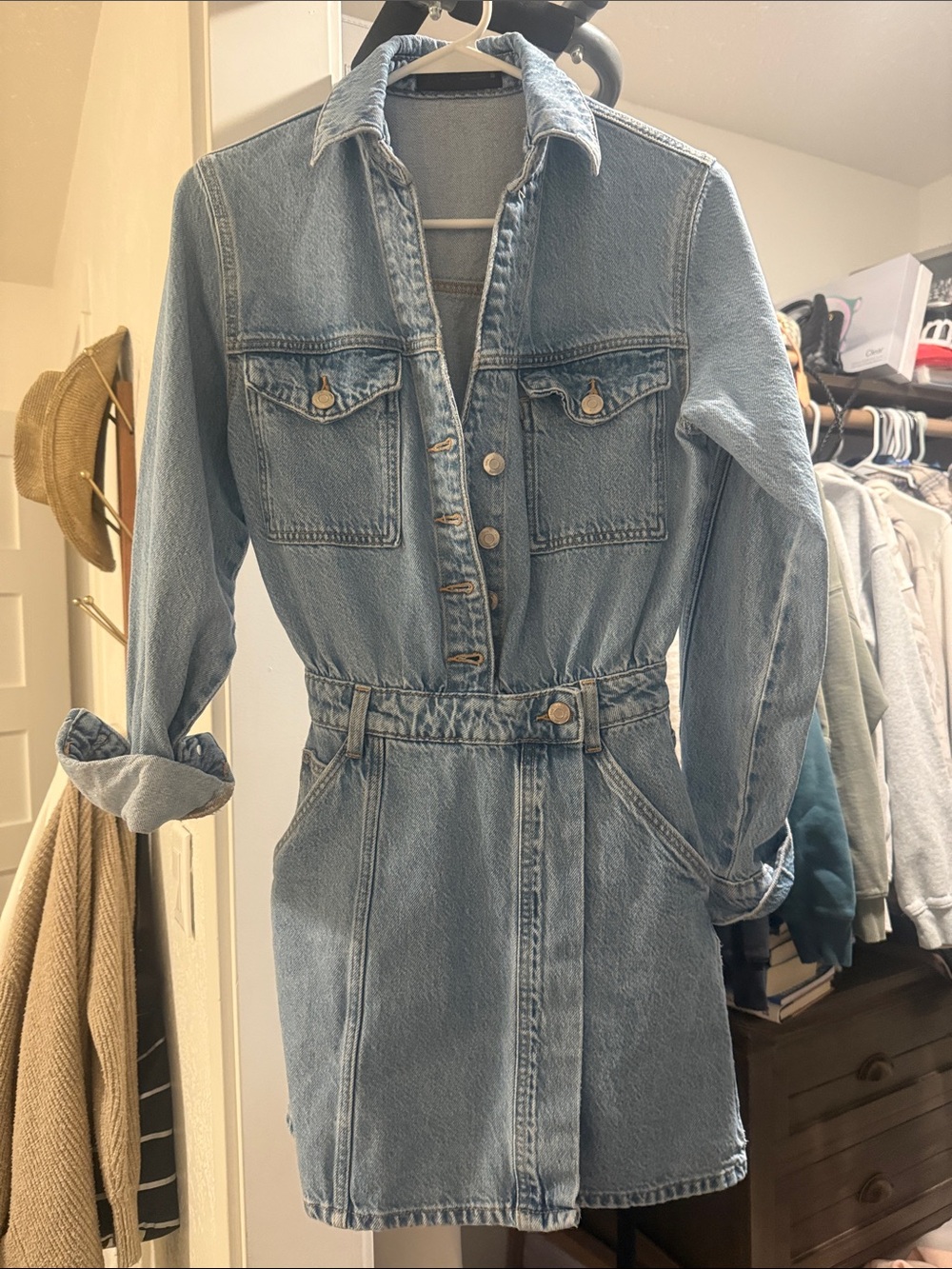 NWOT Zara Light Wash Denim Button-Front Overall Dress